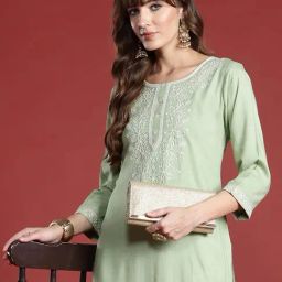 Indo Era Green Regular Fit Embroidered Kurta-image-70