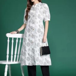 Indo Era White Cotton Regular Fit Printed Kurta-20