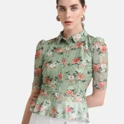 Kazo Printed Stretch Lace Peplum Shirt-image-32
