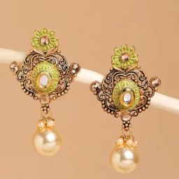 Oomph Meenakari Enamel Kundan & Pearl Ethnic Green Drop Earrings-image-15