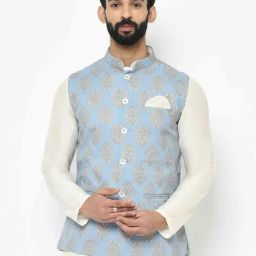 KISAH Blue Blended Printed Nehru Jacket-1