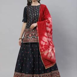 SHUBHKALA Navy & Red Embroidered Lehenga and Choli Set With Dupatta-image-44