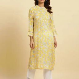 W Yellow Floral Print A-Line Kurta-image-2