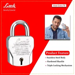 Link Atoot Extra 70 mm SS Silver Finish with New Round 50 mm Padlock 3 Keys, (Set of 3 Pcs) image 3