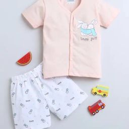 Bumzee Kids Peach & White Cotton Printed Jabla Set-image-92