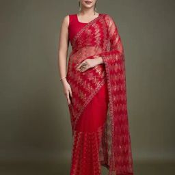 Monjolika Fashion Red Embellished Saree With Unstitched Blouse-image-1