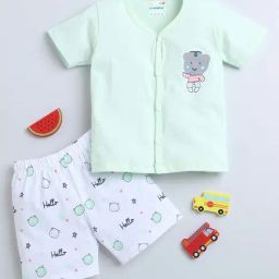 Bumzee Kids Mint Green & White Cotton Printed Jabla Set-image-93