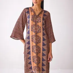 Ancestry Rust Satin Print 3/4Th Sleeve Kurta-image-63