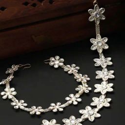 Aatmana Silver-Plated White Stone Studded & Floral Pattern Matha Patti for Women - Set of 2-image-12