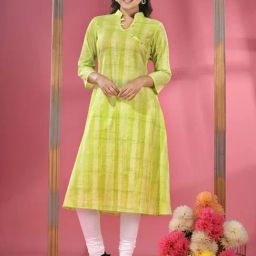 CHARUKRITI Parrot Green Cotton Woven Pattern A Line Kurta-image-89