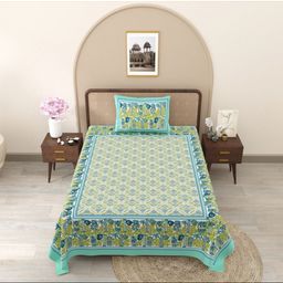 JAIPUR FABRIC Green & Yellow Floral Single Bedsheet with 1 Pillow Covers-image-98