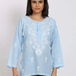 PARAMOUNT CHIKAN Powder Blue Cotton Embroidered Straight Kurti-image-91