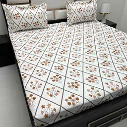 Pure Decor White & Brown Floral 210 TC Queen Bedsheet with 2 Pillow Covers-picture-3