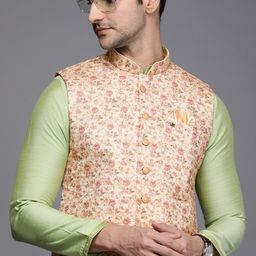 Manyavar Men Cream-Coloured & Pink Floral Woven Design Nehru Jacket-30