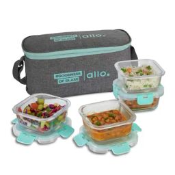 ALLO Microwave Oven Safe Lunch Box With Detachable Lock with Canvas Grey Bag (310ml x 4)-image-2