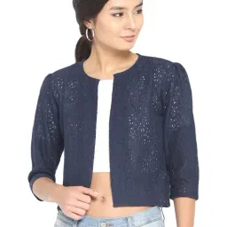 Style Quotient Women Navy Self Design Floral lace Regular Open Front Shrug-1