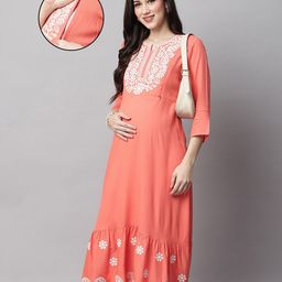 MomToBe Three Fourth Sleeves Paisley Detailed Floral Swirl Embroidered Maternity Kurta With Side Pockets & Concealed Zipper Nursing Access - Peach-picture-33