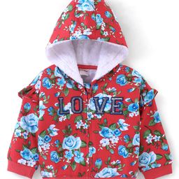 Babyhug Cotton Knit Full Sleeves Front Open Sweatshirt With Hood Floral Print & Sequins Detailing - Red-image-28