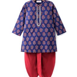 Babyhug 100% Cotton Full Sleeves Kurta & Dhoti Set With Floral Print - Blue & Red-image-94
