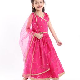 Babyhug Sleeveless Front Overlap Embroidered Choli With Lehenga And Dupatta Set-Fuschia-image-40
