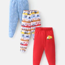 Babyhug Cotton Footed Bootie Leggings Construction Vehicles Printed Pack of 3 - Blue & Red-picture-11