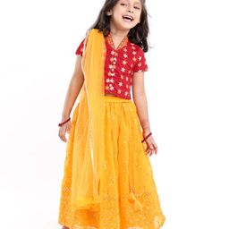 Babyhug Short Sleeve Embroidered Choli With Net Sequenced Embroiderd Lehenga With Dupatta Set- Yellow & Red.-image-44
