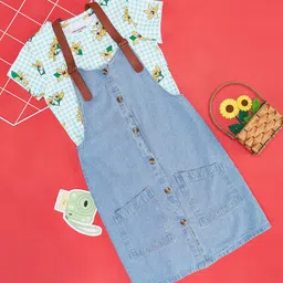 Pantaloons Junior Solid Dungaree With Half Sleeves Floral Printed Tee - Blue Indigo-picture-45
