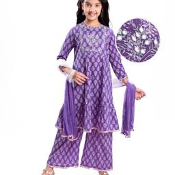 Pine Kids Cotton WovenHalf Sleeves Floral Printed & Embroidered Kurta Palazzo Set with Dupatta & Lace Detailing - Purple-image-85