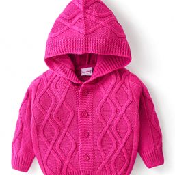 Babyhug Knitted Full Sleeves Front Open Hooded Sweater with Cable Knit Design - Pink-image-39