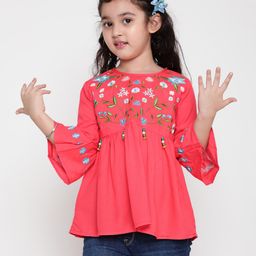 ISHTI Three Fourth Sleeves Floral Embroidered Top - Red-image-86