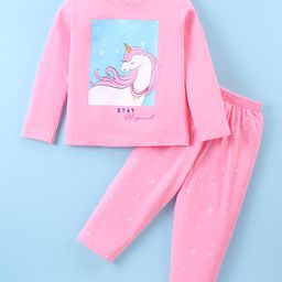 Smarty Girls 100% Cotton Knit Full Sleeves Night Suit With Unicorn Print - Fuchsia-image-87