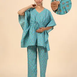 Ikk Kudi by Seerat Cotton Woven Three Fourth Batwing Sleeves Floral Motif Printed Kaftan Top With Zipper Nursing Access & Pant Set - Turquoise-picture-29