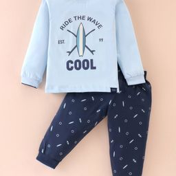 Ollypop Sinker Knit Full Sleeves T-Shirt & Lounge Pants Set With Text Print - Ice Blue-image-36