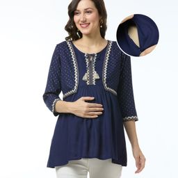 Bella Mama Woven Three Fourth Sleeves Embroidered Maternity Top with Jacket & Pocket - Navy Blue-image-14
