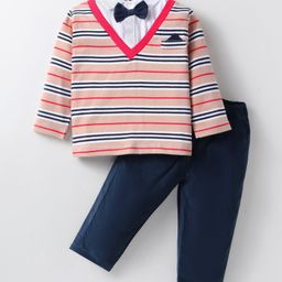 ToffyHouse 100% Cotton Knit Full Sleeves Striped Collared T-Shirt & Trouser Set with Attached Bow - Navy Blue White & Red-image-84