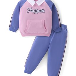 Babyhug Cotton Knit Raglan Sleeves Collared T-Shirt & Lounge Pants Set With Kangaroo Pockets & Text Print - Pink & Blue-image-72