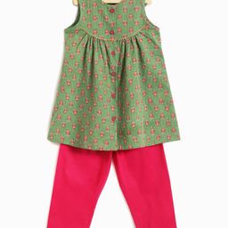 Campana 100% Cotton Sleeveless Floral Printed Kurta With Pant Set - Green & Pink-picture-14