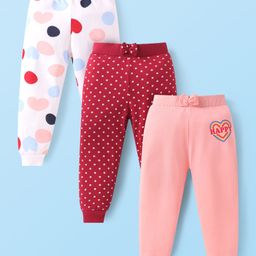 Babyhug Single Jersey Knit Full Length Lounge Pants with Heart & Polka Dot Print and a Bow Applique Pack Of 3 - Pink Maroon & White-image-86