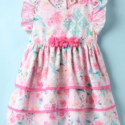 ToffyHouse Woven Frill Sleeves Party Frock With Floral Print & Bow Applique - Pink-picture-45