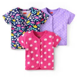 Babyhug 100% Cotton Knit Half Sleeves Front Open Vests With Floral & Polka Dot Print Pack of 3 - Dark Pink Navy Blue & Purple-picture-12