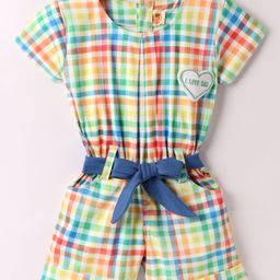 Dew Drops Poplin Woven Half Sleeves Checks Jumpsuit & Belt - White & Blue-image-86