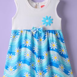 Babyhug Cotton Knit Sleeveless Frock With Floral Print & Bow Applique - Light Blue & White-image-96