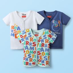 Babyhug Disney Interlock Knit Half Sleeves Front Open Jhablas with Monster INC Graphics Pack of 3 - White Mint & Navy Blue-image-66