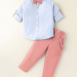 Rikidoos Full Sleeves Striped Shirt With Pant Suspender & Bow Set - Light Blue & Pink-image-117
