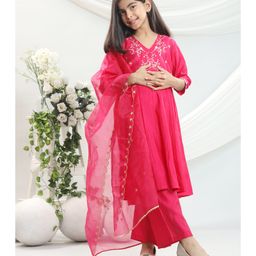 misbis Silk Blend Three Fourth Sleeves Floral Embroidered & Sequins Embellished Kurta Palazzo With Dupatta Set - Hot Pink-image-65