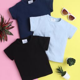 Knitting Doodles Pure Cotton Pack Of 3 Half Sleeves Solid Tees - Black Navy & Light Blue-image-14