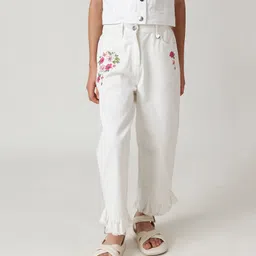 One Friday 100% Cotton Floral Embroidered Trousers - White-picture-2