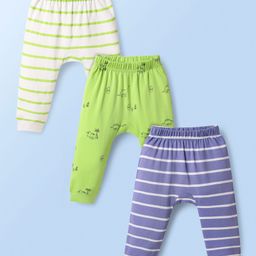 Kookie Kids Interlock Knit Full Length Striped & Dino Printed Diaper Leggings Pack of 3 - White Green & Purple-image-60