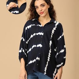 The Mom Store Cotton Three Fourth Puffed Sleeves Tie Dye Maternity Shirt Style Top With Nursing Access - Navy Blue-image-12