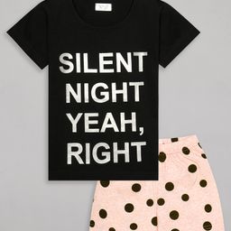 Sheer Love Cotton Jersey Half Sleeves Silent Night Yeah Right Text & Polka Dots Printed Night Suit Set - Black & Pink-image-88